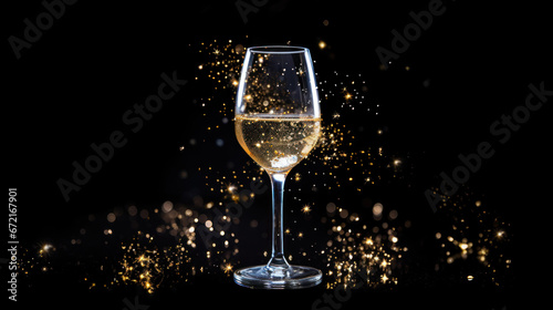 Celebration background with champagne glass, golden confetti stars on black. Festive New Year, Anniversary, Birthday background. Glass of champagne toasting in the nigh with glitter and sparks