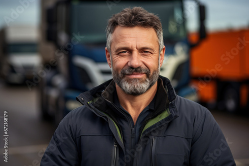 Business distribution and fast safe logistics Active happy adult man. Close-up portrait of male truck driver in front of van smiling to camera with transport on background photo