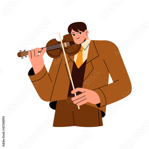 Professional musician play on violin with bow. Violinist perform on stringed instrument. Fiddle class, lesson. Solo classic music performance. Flat isolated vector illustration on white background