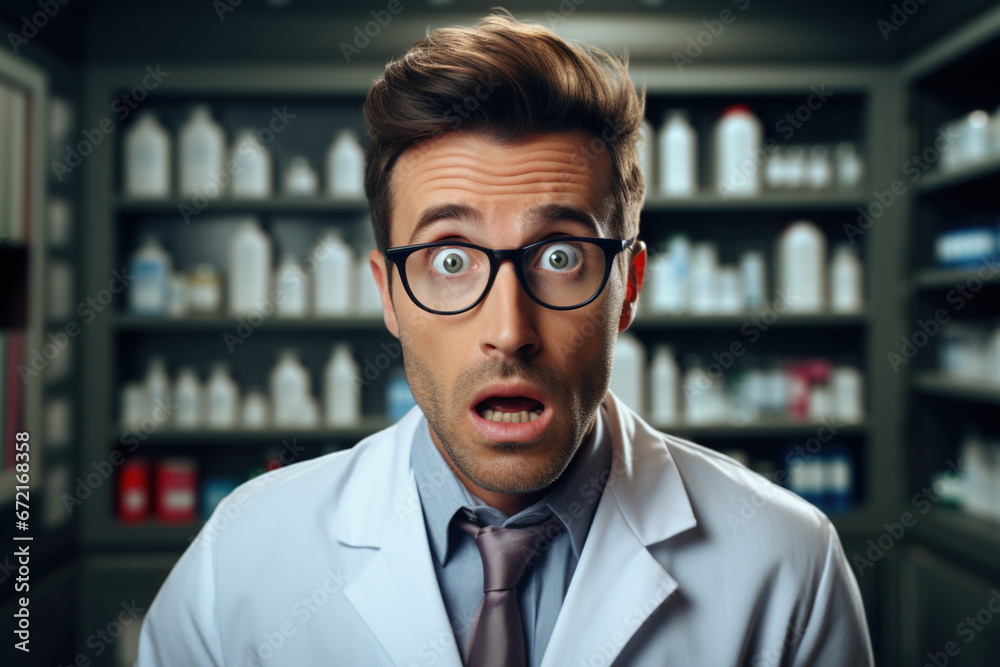 Shocked amazed professional male doctor in white coat. Pharmacist with