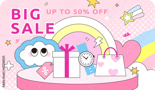 Big sale event ad web template banner. Cute flat illustration. Lively and colorful discounts