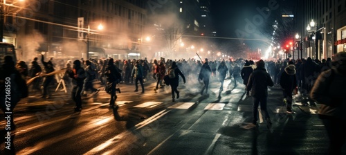 Crowd people protest at night street. Generative AI technology.	
