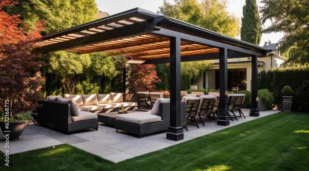Cozy patio with sofas and a table. Pergola shade over patio. Generative AI Cozy patio with sofas and a table. Pergola shade over patio. Generative AI