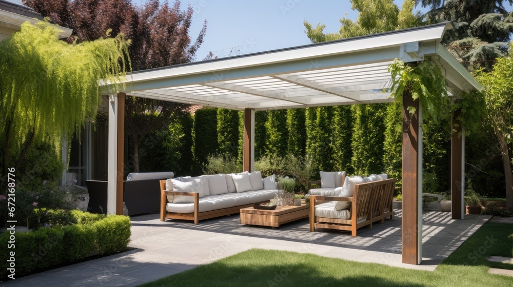 Fototapeta premium Cozy patio with sofas and a table. Pergola shade over patio. Generative AI