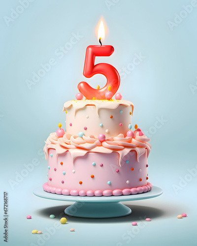 A beautiful birthday cake with a five years candle, sweet colors creamy pastry