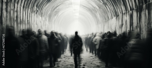 Blurred crowd people walking at tunnel. Monochrome color effect. Generative AI technology. 