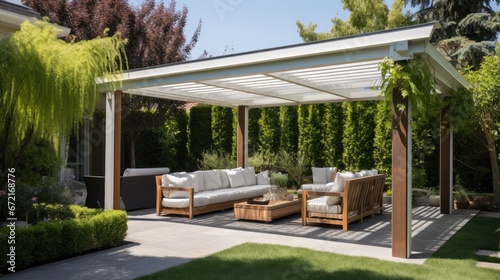 Cozy patio with sofas and a table. Pergola shade over patio. Generative AI