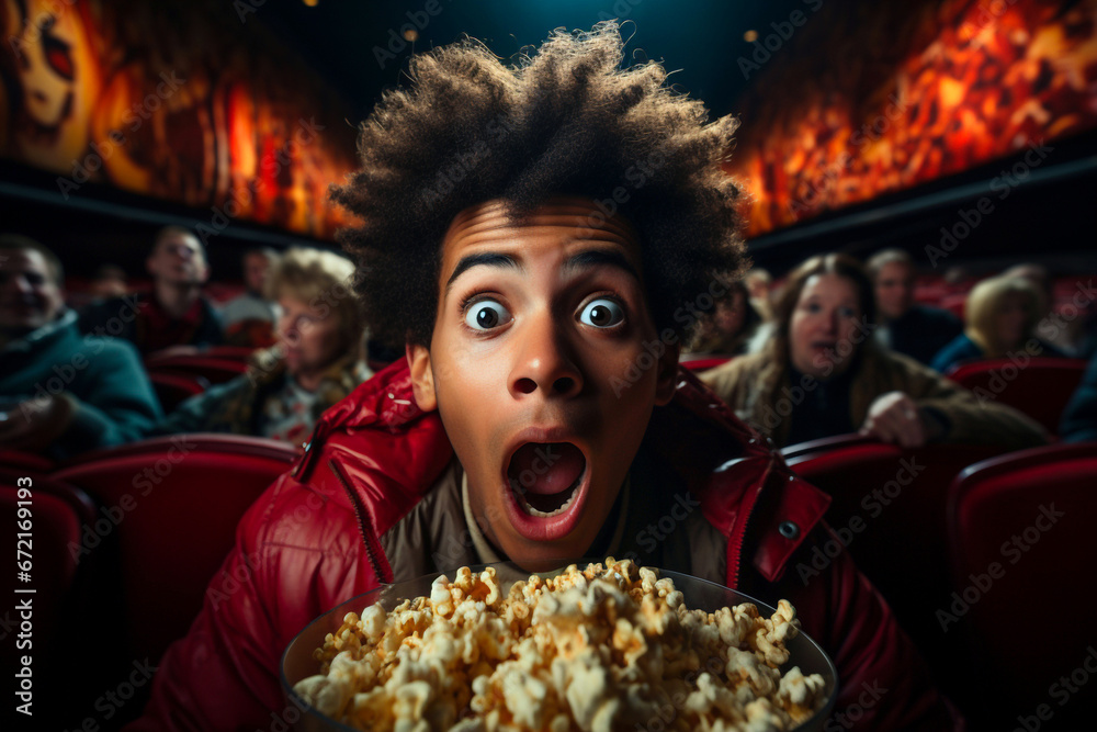 Young African-American student man enjoy watching horror movie or thriller in the cinema hall scared shocked or impressed with eyes wide open. Bright facial expression, human emotions concept