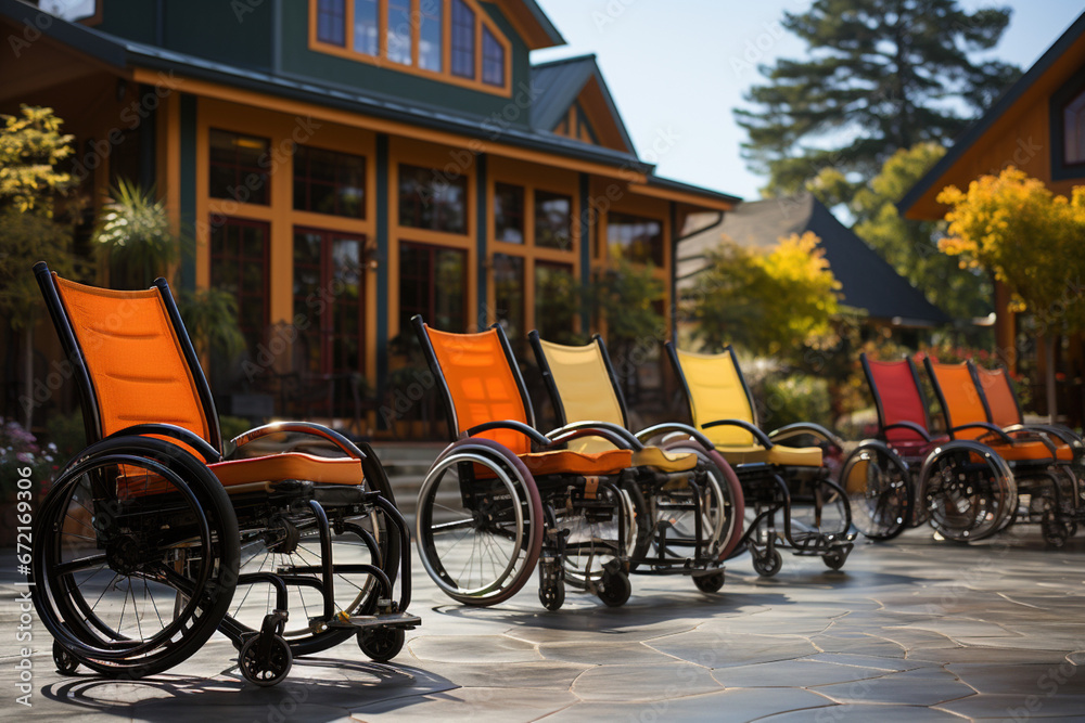 Many wheelchairs outside in a row in front of hotel sanatorium or nursing home to rest enjoy nature. Special needs for disabled people in any age. Healthcare senior retirement support care concept - obrazy, fototapety, plakaty 