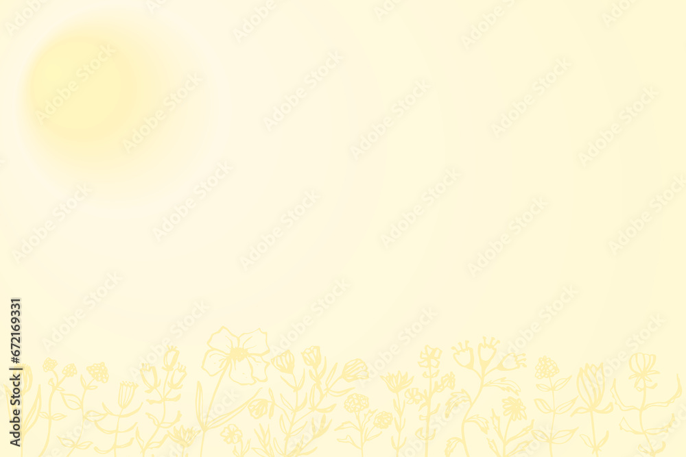 Floral Horizontal seamless pattern with flowers in sunlight. Hand drawn isolated illustration border, beige meadow background for your design.