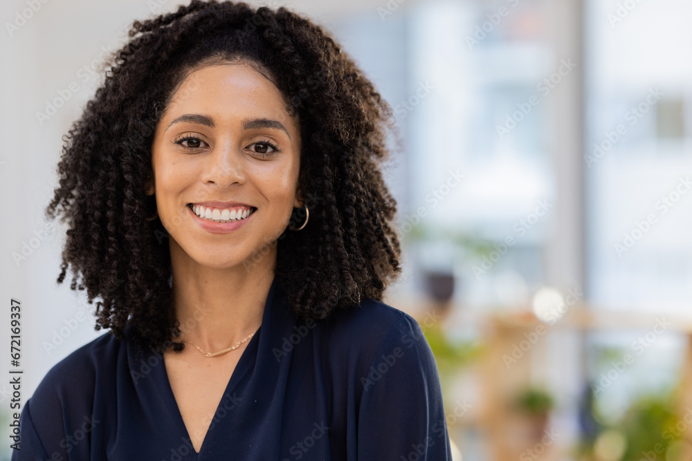 Black woman in business, face and success in portrait with career mindset, job goals and leadership in workplace. Vision, mission and mockup with corporate worker, happy and work in New York office - obrazy, fototapety, plakaty 