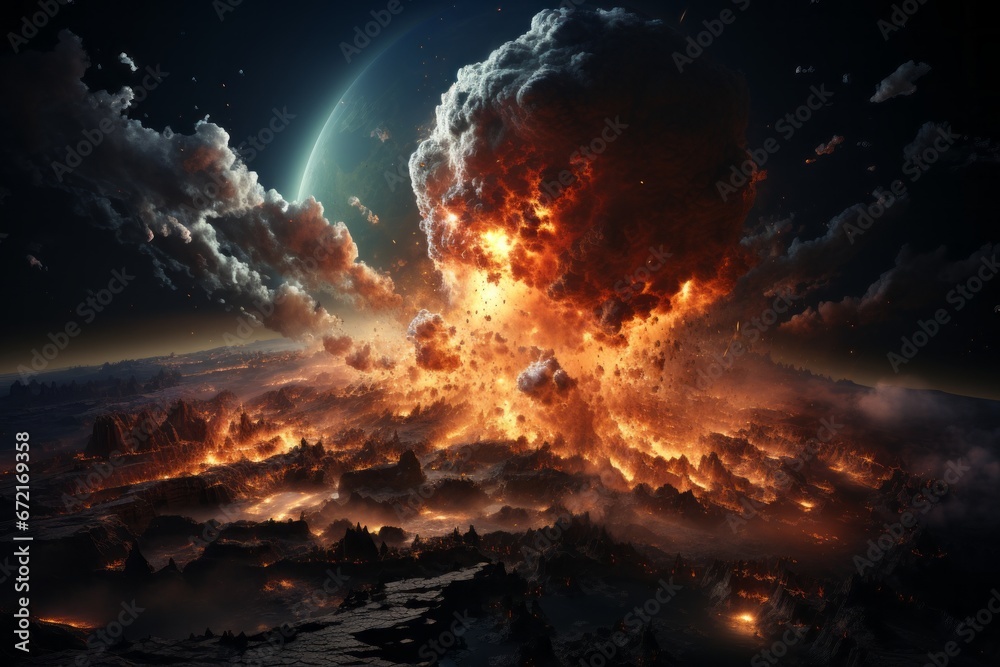 Explosion on the Earth, view from space, AI generated