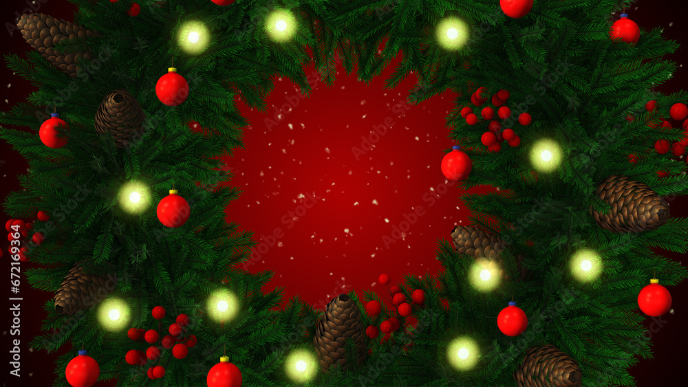 Christmas wreath rotating with snow background