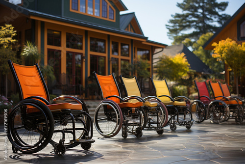 Many wheelchairs outside in a row in front of hotel sanatorium or nursing home to rest enjoy nature. Special needs for disabled people in any age. Healthcare senior retirement support care concept photo