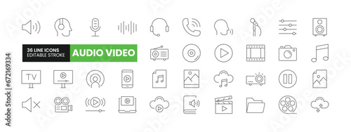 Set of 36 Audio and Video line icons set. Audio and Video outline icons with editable stroke collection. Includes Mute, Camera, Photo, Microphone, Cloud Tech and More.