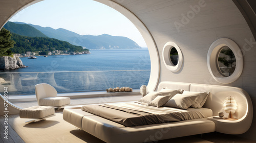 Bedroom has a round window view of the ocean. © visoot