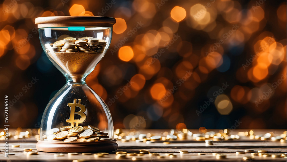 The idea that time is money, along with bitcoin, 
 - obrazy, fototapety, plakaty 