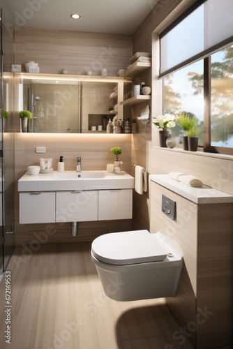 Small bathroom with modern style  Toilet  sink and mirror.