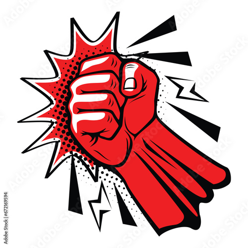 Explosive blow fist, strong punch upward blow, uppercut in comic style. Fist punching, hit strong fist. Vector on transparent background photo