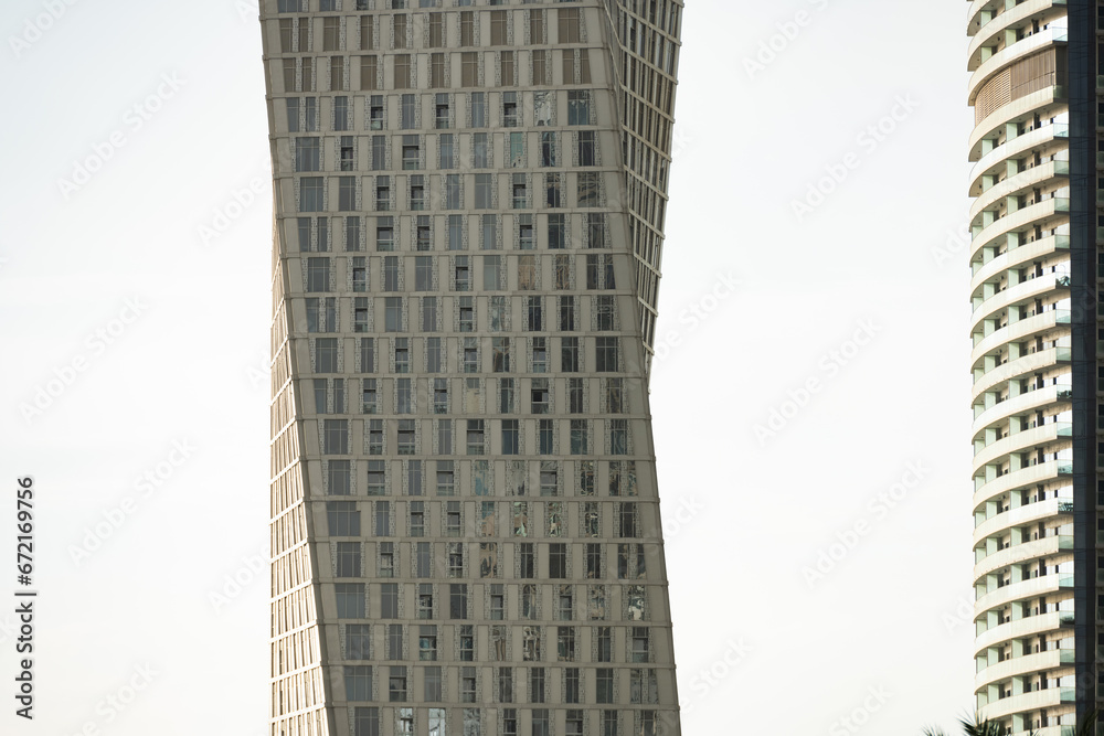 Close-up view of some modern skyscrapers and towers in Dubai Marina, Dubai, United Arab Emirates, UEA.