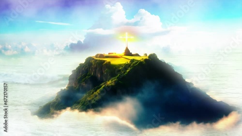 Christmas landscape,  There is an island in the middle of the sea that has a temple of Jesus Christ and a light shining in it.