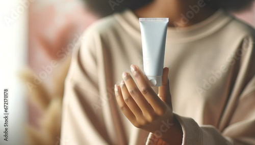 Mujer sostiene un tubo de crema en la mano. photo