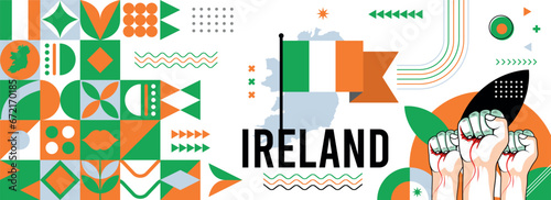 Ireland national or independence day banner for country celebration. Flag and map of Ireland with raised fists. Modern retro design with typorgaphy abstract geometric icons. Vector illustration.	 photo