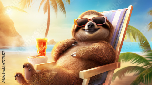 Happy sloth in a deck chair on the beach. Palm tree and sea on background. He is laying as lazy man.