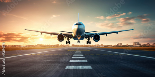 airplane landing at sunset