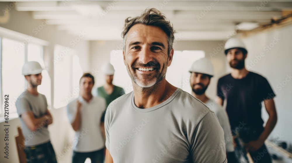 Handsome man​ with​ group of people renovating a house