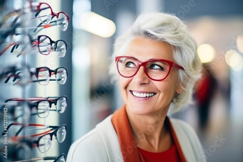  mature woman chooses glasses in an optics store. Vision care concept