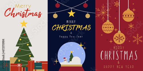 Modern flat Merry Christmas card set Christmas tree, gift, ball, Xmas elements and decorations background vector design