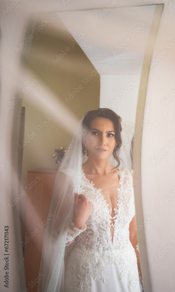 beautiful bride in gorgeous white wedding dress