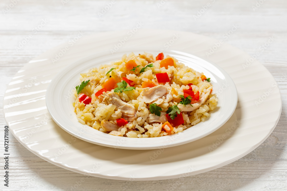 Chicken Fried Rice with vegetables in white bowl Chicken Fried Rice with vegetables in white bowl