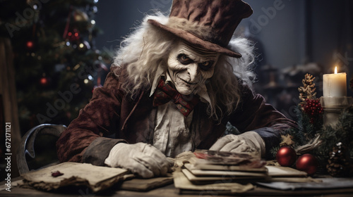 Scary old wizard reading conjure in front of Christmas tree
