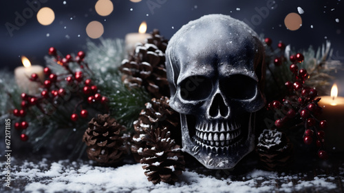 Still life with human skull and christmas decoration on dark background © Jioo7