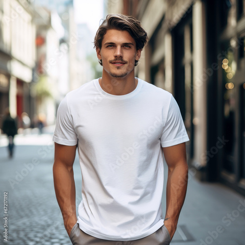 Male model in a classic white cotton T-shirt on a city street
