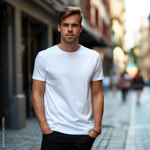 Male model in a classic white cotton T-shirt on a city street © Denis