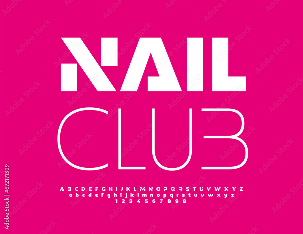 Vector creative card Nail Club. Modern Elegant Font. Stylish Alphabet Letters, Numbers and Symbols set Vector creative card Nail Club. Modern Elegant Font. Stylish Alphabet Letters, Numbers and Symbols set