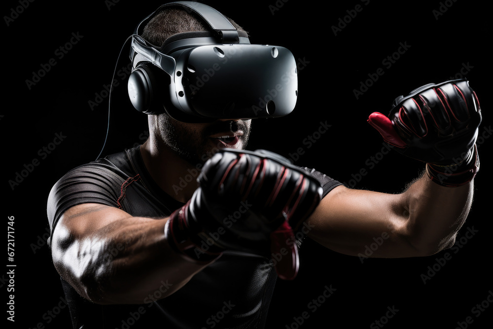 A sport guy doing boxing with a virtual reality headset on black background.