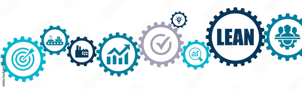 Lean manufacturing banner vector illustration with the icons of six sigma management, quality standard, industry, continuous improvements, reduce waste, improve productivity, efficiency, keizen - obrazy, fototapety, plakaty 