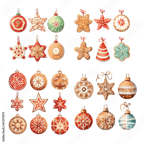 gingerbread house and cookies christmas ornament watercolor on white background