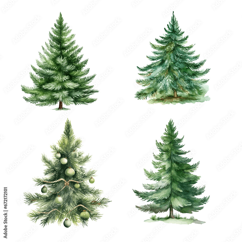 Fototapeta premium Christmas green tree with decor and gift boxes for decoration greeting card watercolor paint on white background