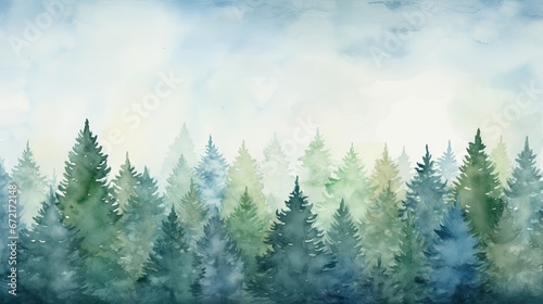 Green spruce forest. Imitation of watercolor. Ate in the fog 