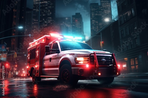 Emergency ambulance speeds through a vibrant urban landscape. Ai generative