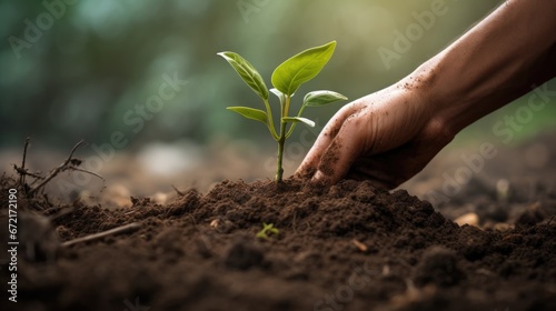 Hands planting a sprout in the ground. Concept green world earth day