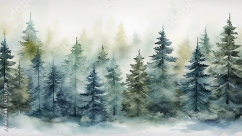 Green spruce forest. Imitation of watercolor. Ate in the fog