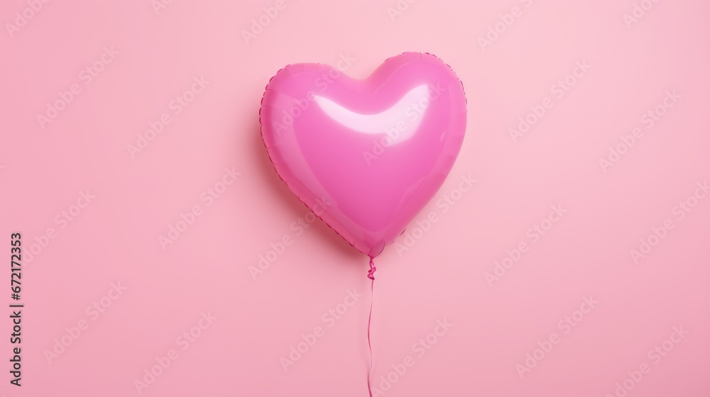 Flying pink air balloon in the shape of a heart on a pink background.