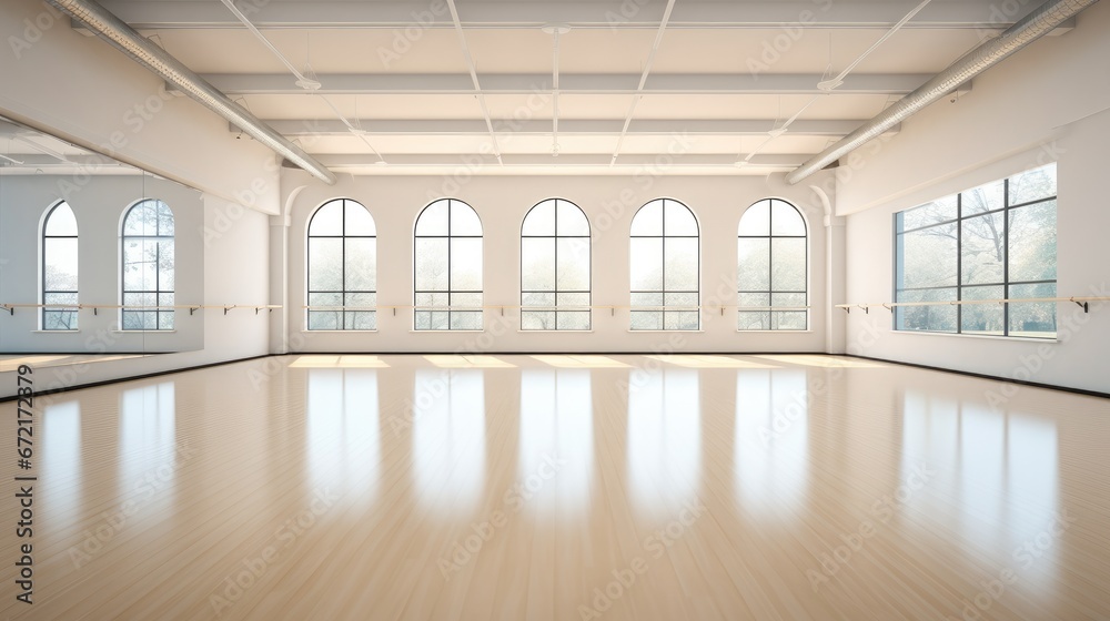 Large gym with windows for ballet classes.