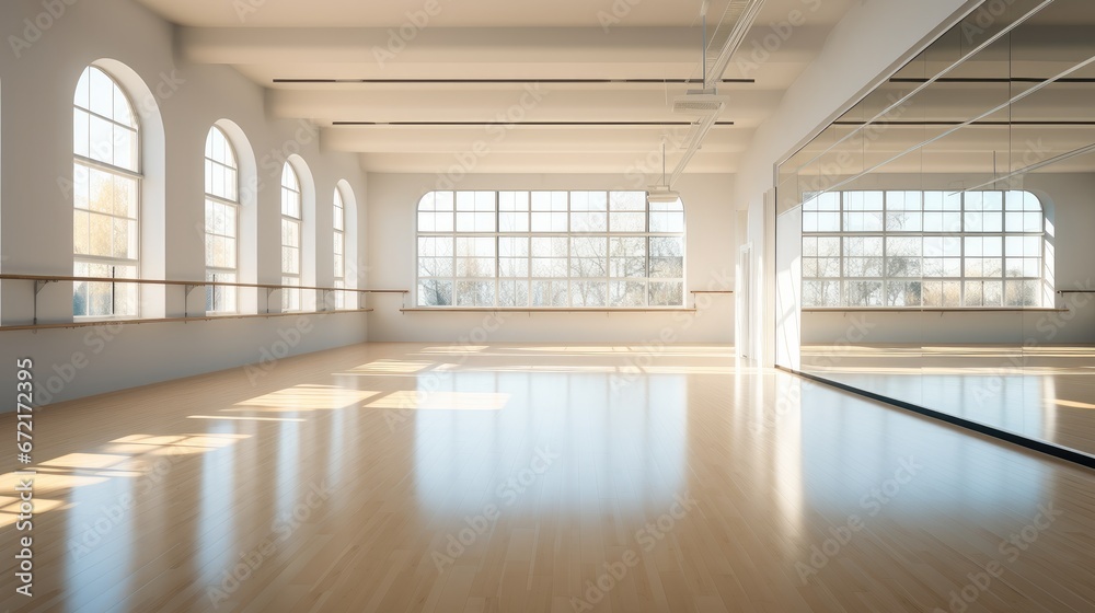 Large gym with windows for ballet classes.